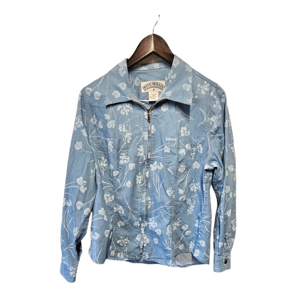 Vintage BLUE WILLI'S Denmark Full Zip Chambray Denim Floral‎ Jacket Blue MEDIUM